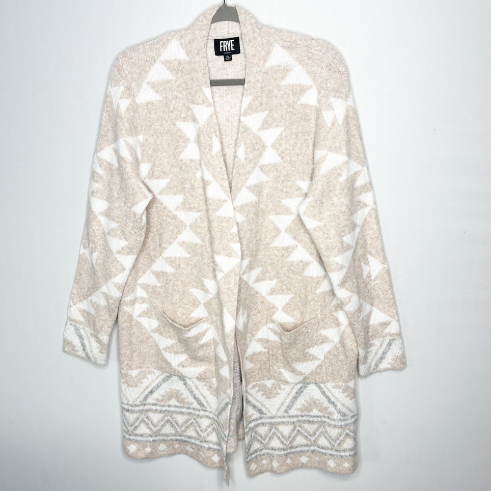 Frye Womens XL Beige White Southwestern Geometric Open Front Cardigan Sweater